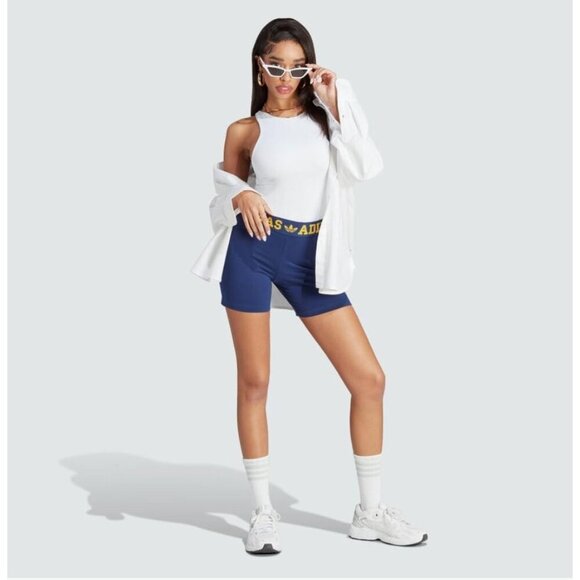 Adidas Womens Booty Shorts Blue/Yellow Size S Athletic Fit Cotton Blend Comfort - Picture 2 of 8